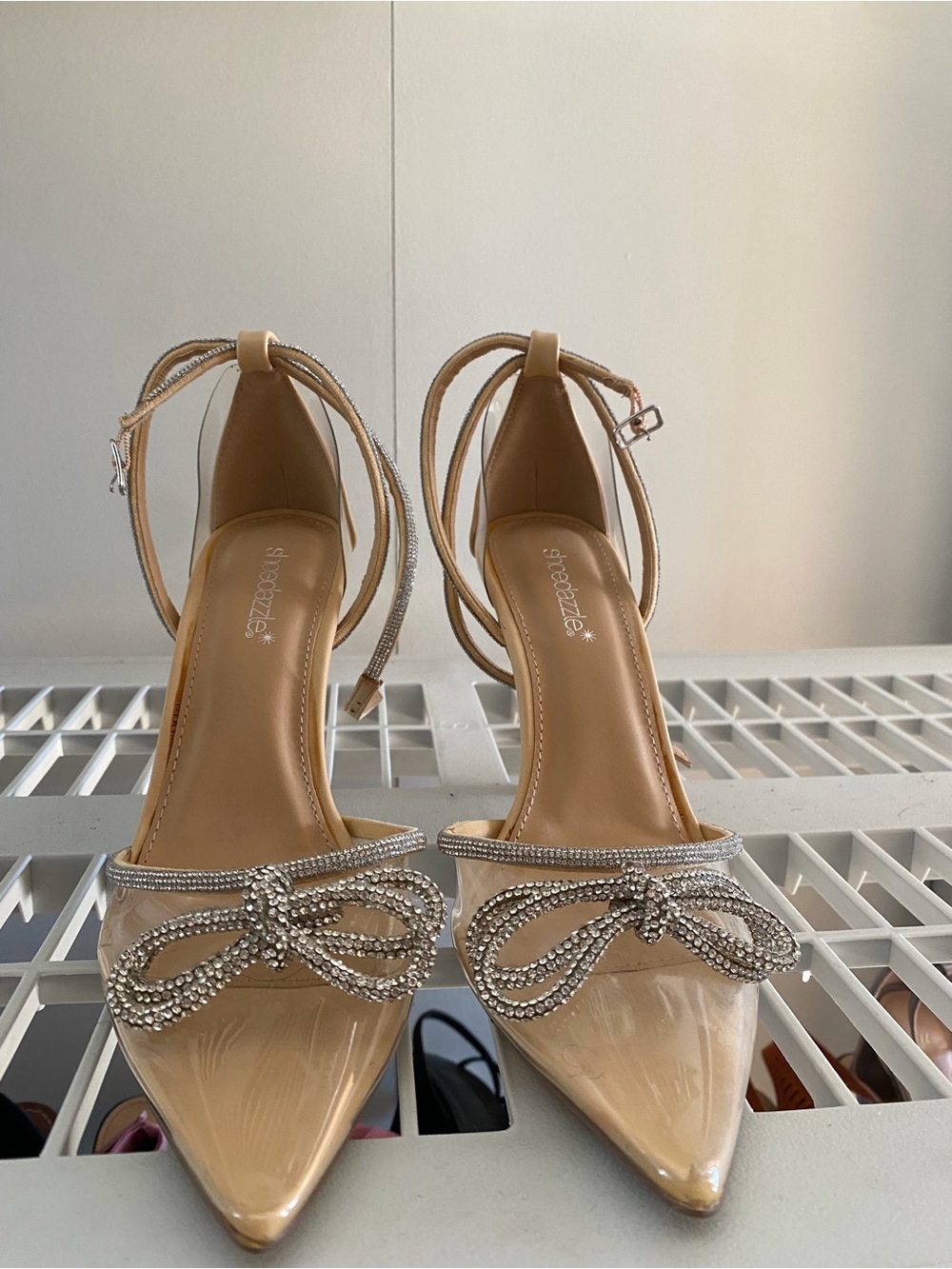 Shoedezzle Nude Patent Pointed Heels with Rhinestone Bow Accent